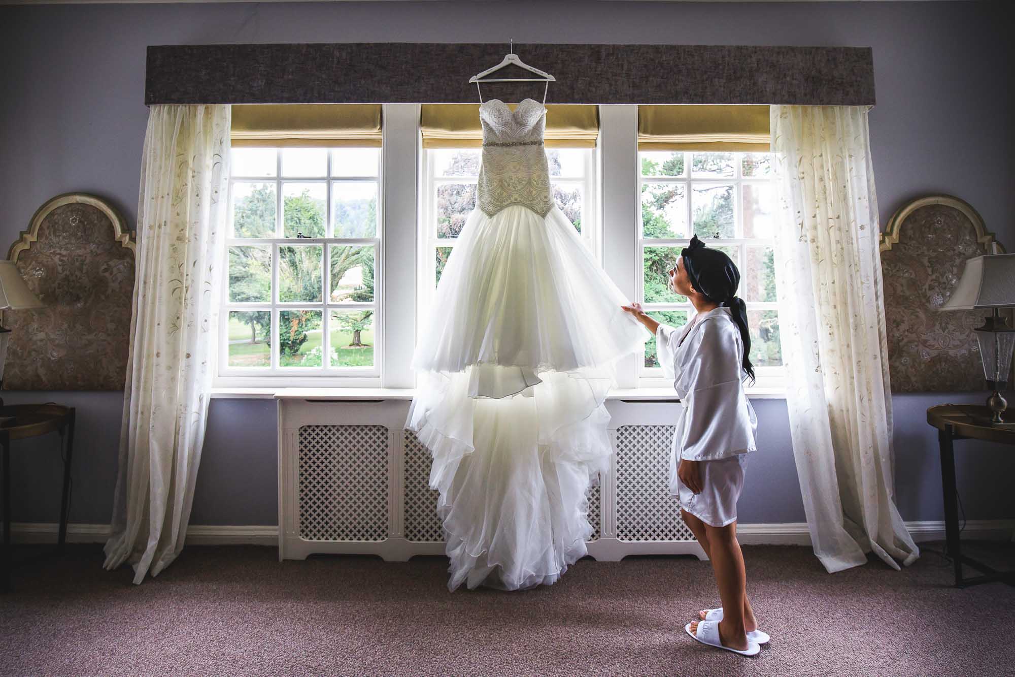 Bride and her wedding dress, Brinsop Court Estate Wedding, Herefordshire