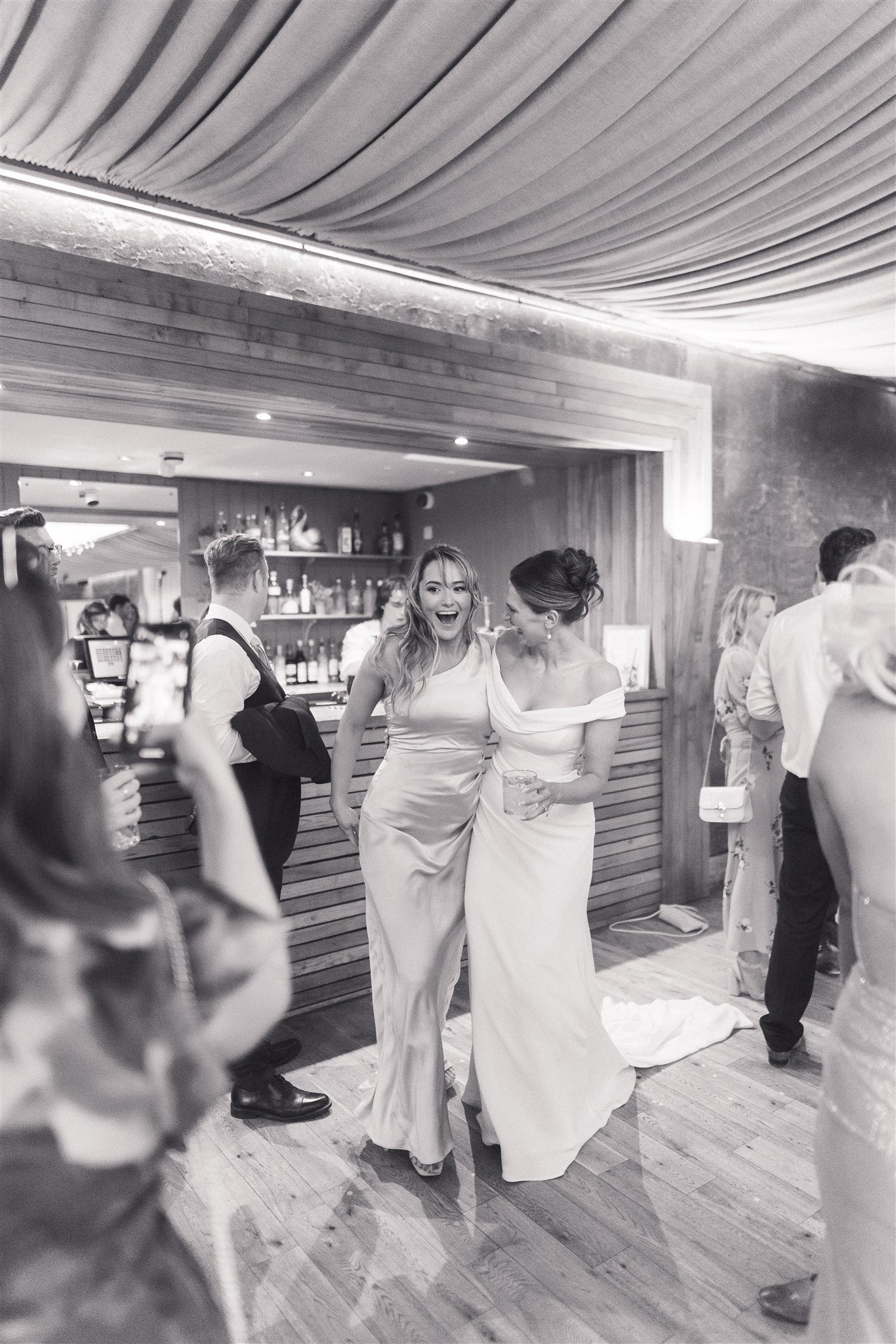 Guests dancing under the lights at Elmore Court