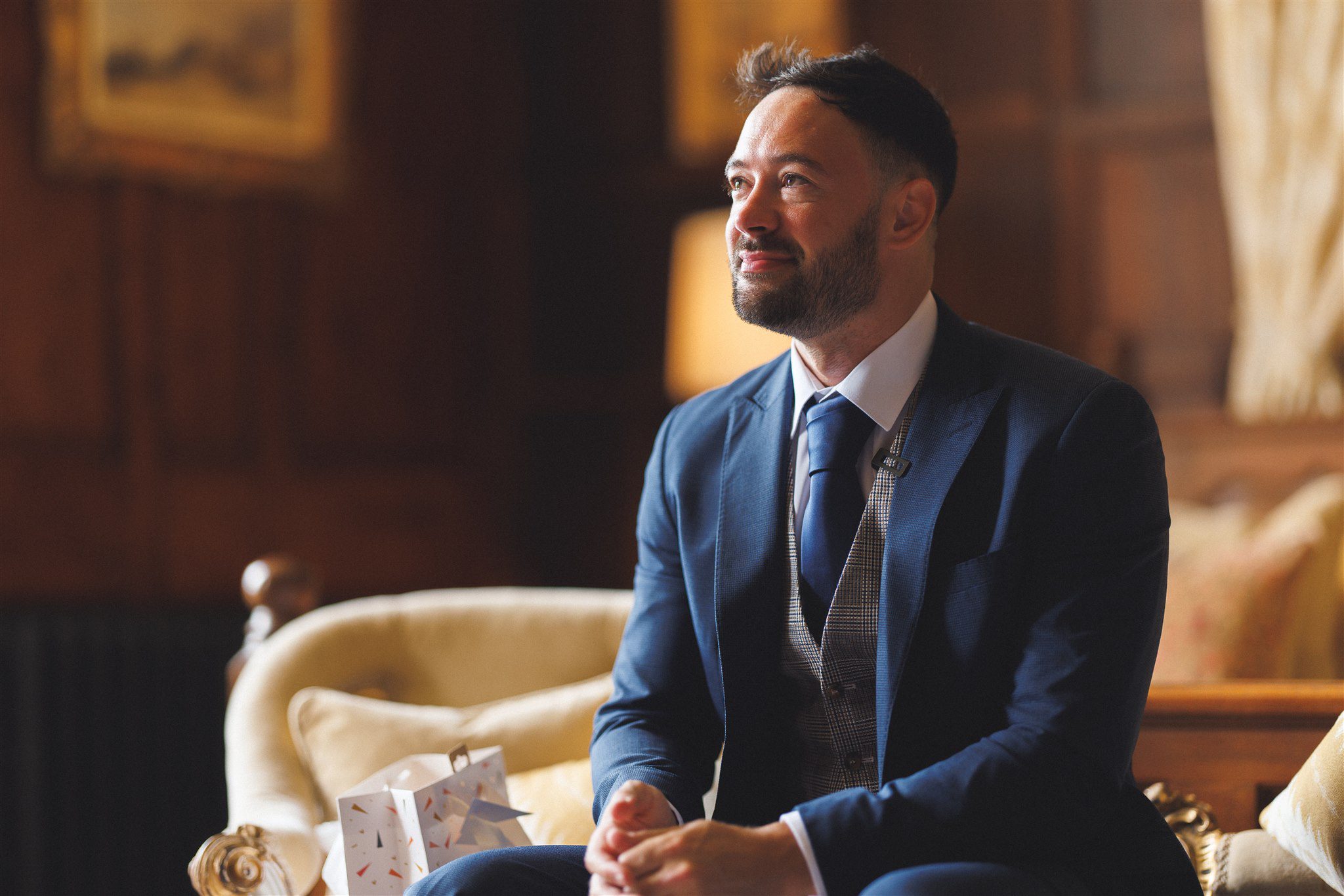 Ben waiting at the front of the ceremony room at Elmore Court