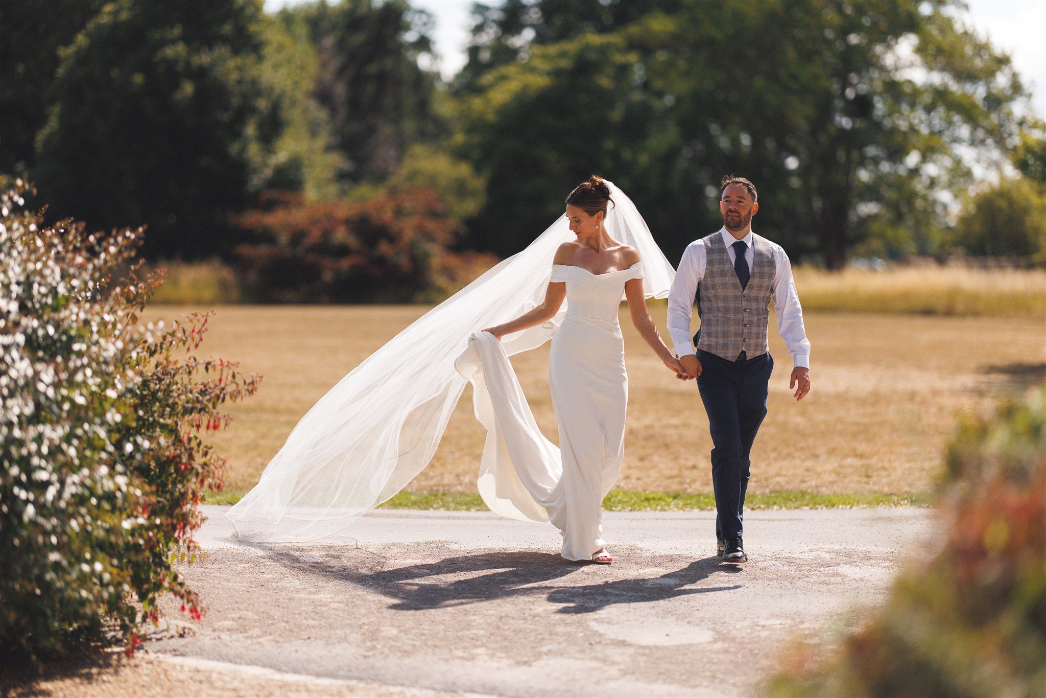 Zofia's veil lifting in the evening light at Elmore Court