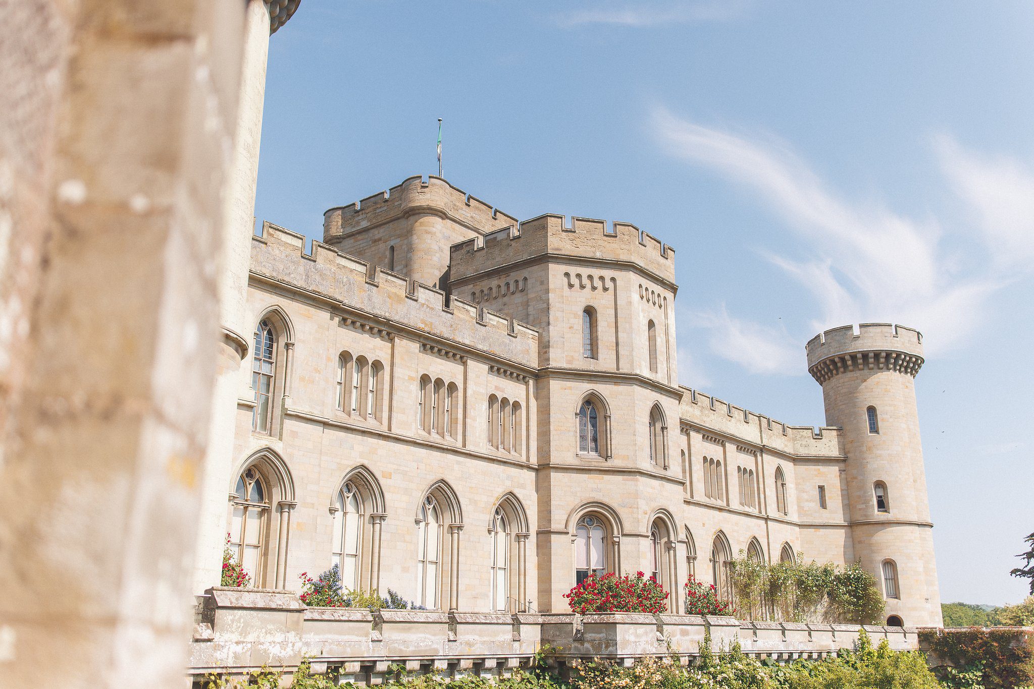 The south front of Eastnor Castle in summer
