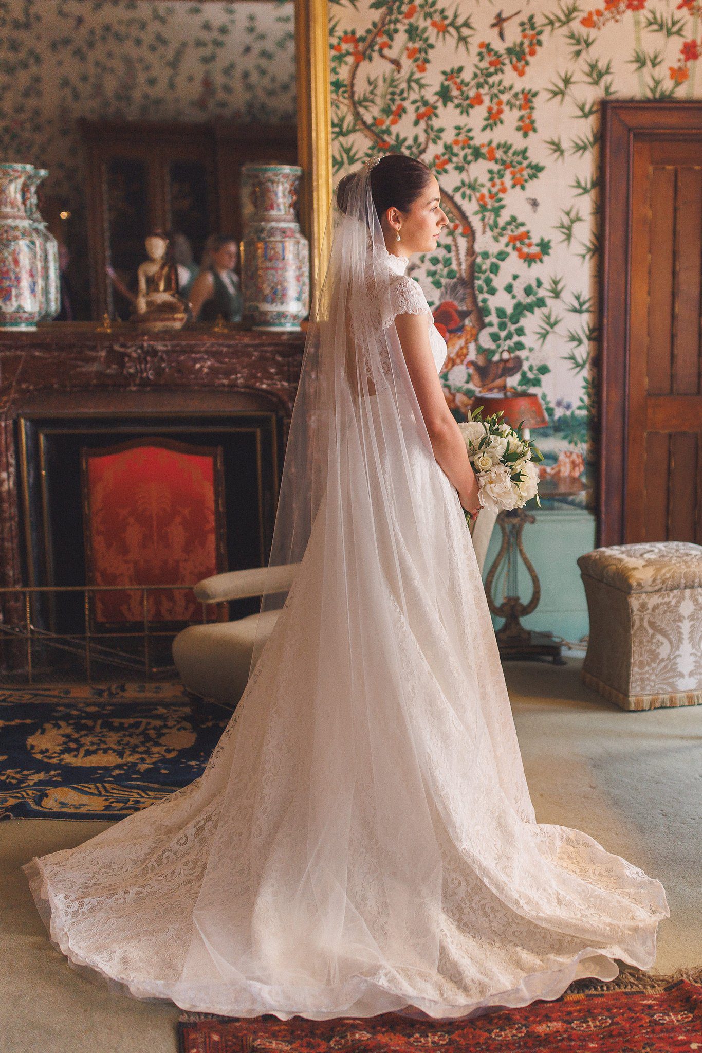 Lucinda in her dress in the room at Eastnor Castle
