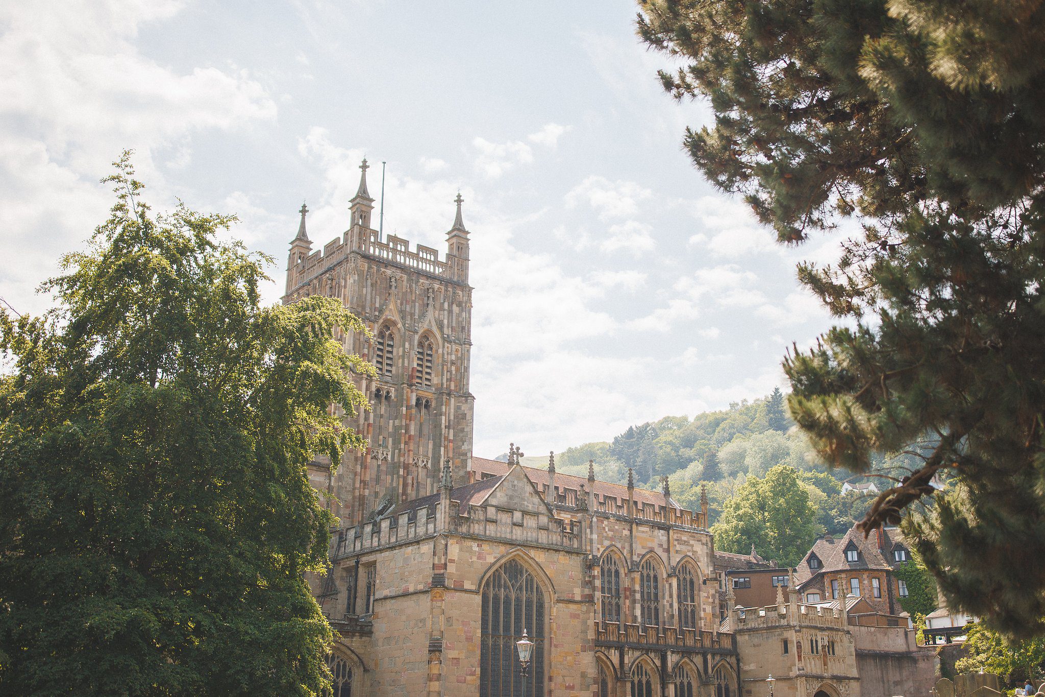 Great Malvern Priory seen through the trees