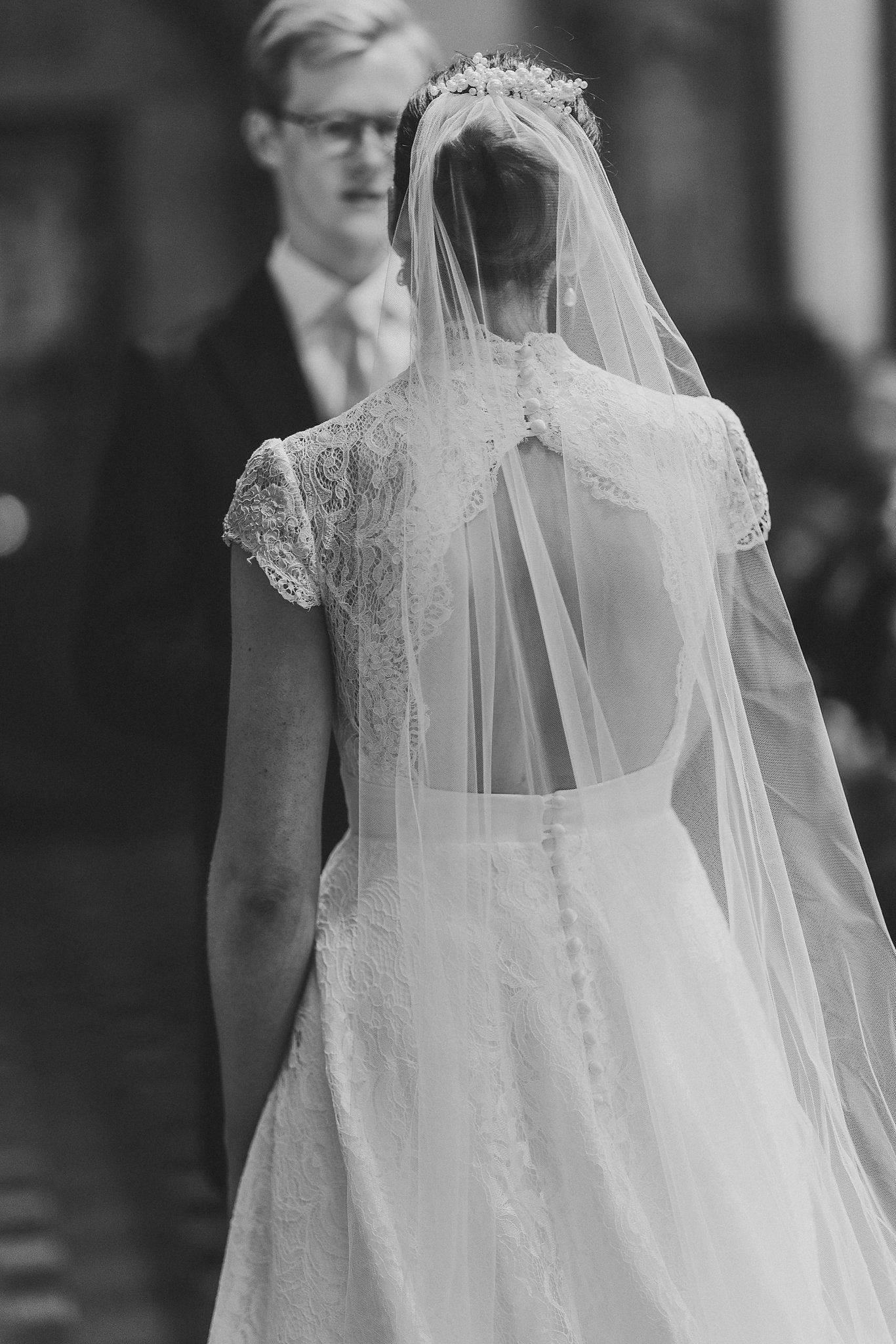 Lucinda in her veil, in black and white